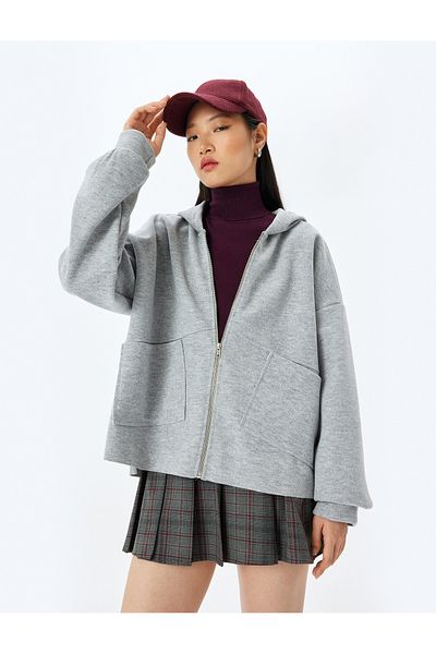 Koton Oversize Cardigan with Hooded Zippered Stitching Detail