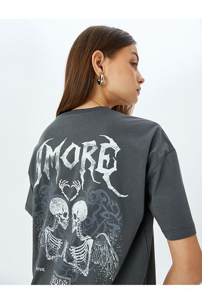 Koton Crew Neck Back Skull Print Oversize Short Sleeve T-Shirt