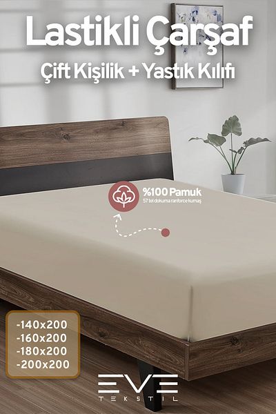 Eve Tekstil 100% Natural Cotton Double Rainforce Fabric Elastic Sheet and Pillowcase Set