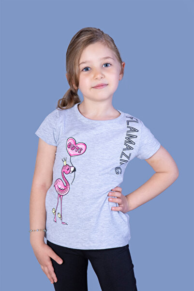 Toontoy Tricou B cu imprimeu cu model flamingo pentru fete, brodat cu piatră