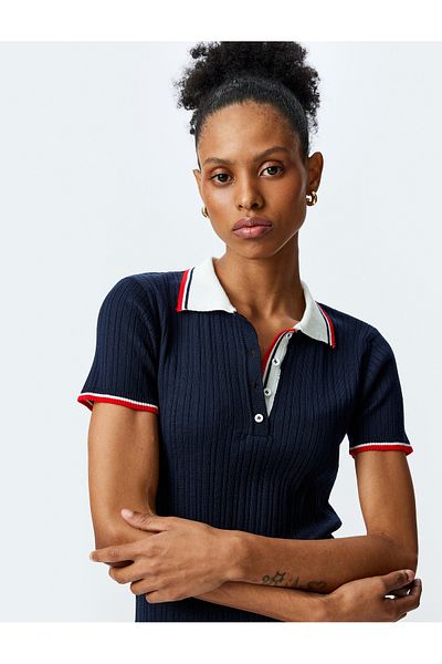 Koton Half Button Short Sleeve Striped Polo Neck Knitwear Sweater