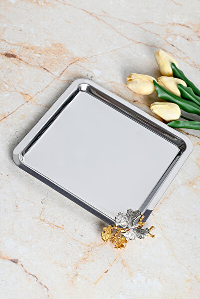 FİTHOME Square Stainless Steel Coffee Presentation Tray with 6 Butterfly Accessories