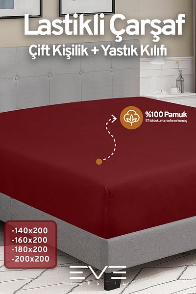 Eve Tekstil Cotton Double Rainforce Fabric Elastic Sheet and Pillowcase Set