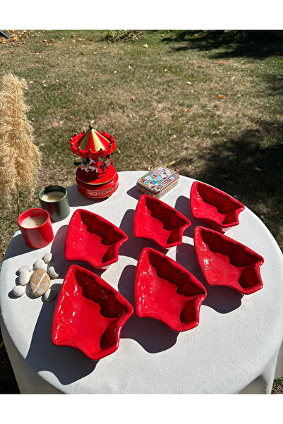 Keramika Kırmızı Yılbaşı New Year Noel Xmas Çam Ağacı Çerezlik 6lı