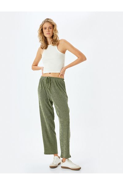 Koton Textured Wide Leg Trousers with Tie Waist