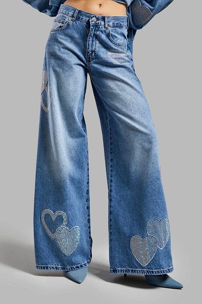 its basic Blugi de damă Culoare 2S54 Denim cu design lejer cu detaliu inimă strasuri strălucitoare