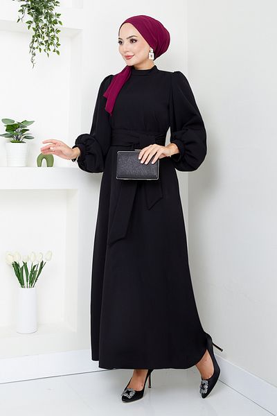 ModaMerve Μαύρο βραδινό φόρεμα Hijab - Μπαλόνι μανίκια, Μοντέλο 5527END900-M