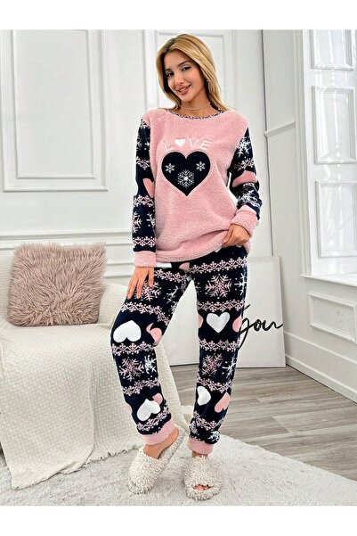 VG BOND MODA طقم بيجامة نسائي ناعم من الصوف المطرز على شكل قلب Vg012