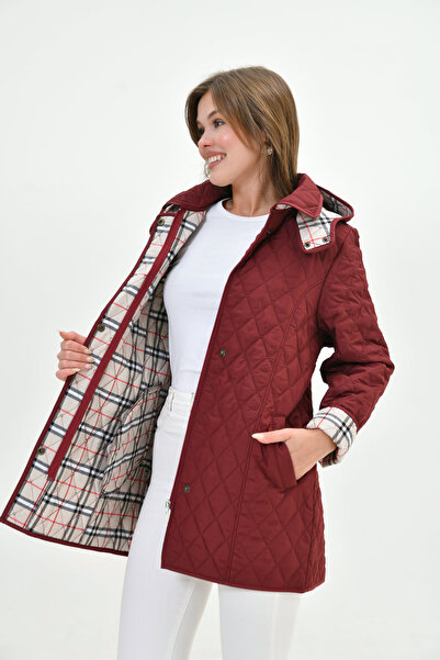 Butik Plus Size Hooded Plaid Patterned Seasonal Quilted Coat - Tight Fit