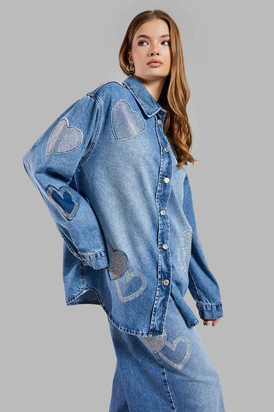 its basic Blugi de damă Culoare 2S54 Bright Rhinestone Heart Design oversize Jachetă de blugi Cămașă