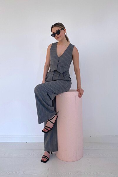 Elbee Fashion Woman Çizgili Ceket & Yelek Ve Pantolon Takım