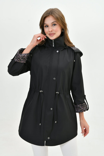 Butik Women's Water Resistant Plus Size Women's Trench Coat with Foldable Sleeve Patterned Hooded Waist Lace-Up