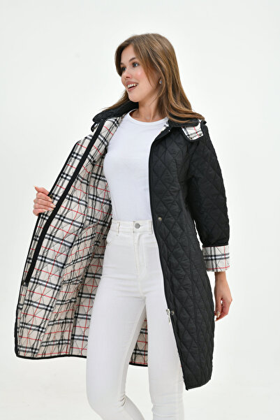 Butik Women's Plus Size Long Hooded Inside Plaid Seasonal Quilted Coat Coat - Narrow Fit