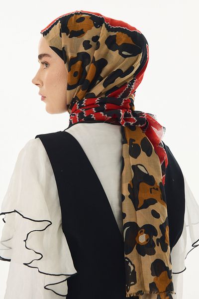 SOFT AKSESUAR Leopard Garnished Two-Color Patterned Shawl
