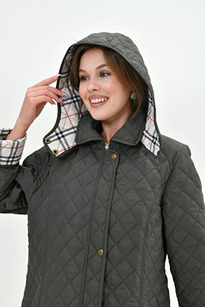 Butik Plus Size Hooded Plaid Seasonal Quilted Coat - Tight Fit