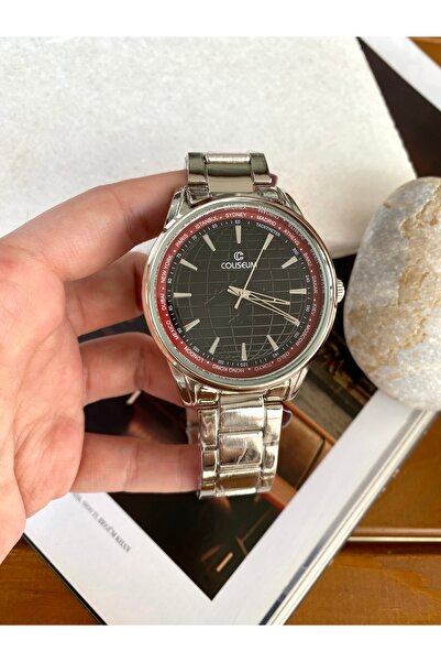 Coliseum Silver Retro Men's Wristwatch with Round Inside Pattern Black Red Detail