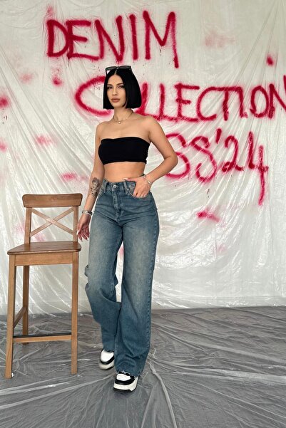 Elbee Fashion Woman Blugi albaștri cu talie înaltă cu picioare largi