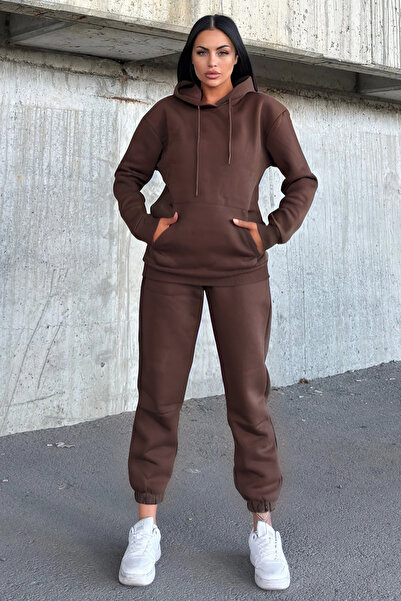 YAKAMEL Γυναικείο σετ φόρμας oversize με 3 κλωστές, ελαστικά μανίκια, κουκούλ...