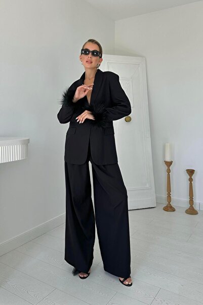 Elbee Fashion Woman طقم جاكيت وبنطلون من الريش بأكمام طويلة