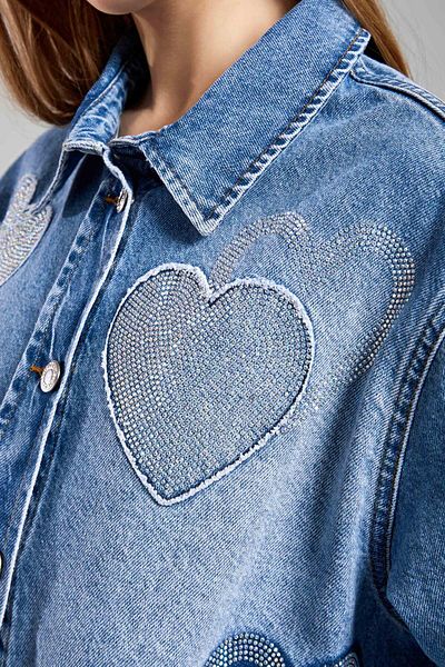 its basic Blugi de damă Culoare 2S54 Bright Rhinestone Heart Design oversize Jachetă de blugi Cămașă