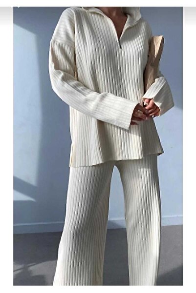 Mıncırık Kids Women's Ecru Knitwear Set with Ribbed Collar and Side Zipper - Slit Leg