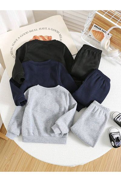 MORNİNG KİDS 6-Piece Navy-Grey-Black Crew Neck Sweatshirt and Sweatpants Set for Boys and Girls
