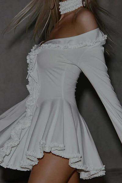 Neşeli Butik γυναικείο φόρεμα με λευκό βάρκα με βολάν σχέδιο NBDF121