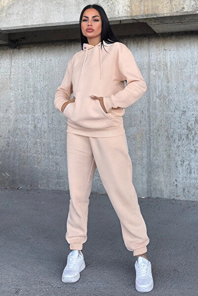 YAKAMEL Γυναικείο σετ φόρμας oversize με 3 κλωστές, ελαστικά μανίκια, κουκούλ...