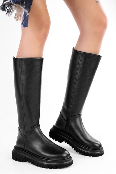 Shoeberry Women's Boost Black Skin Stiefel mit dicker Sohle