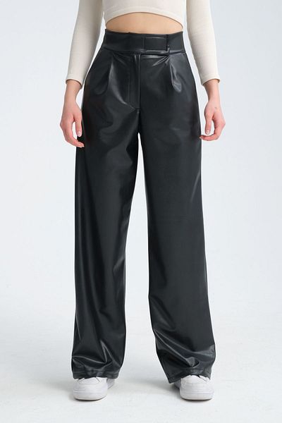 H&A İSTANBUL Schwarze Palazzo-Hose aus Leder mit hoher Taille und Klettverschlusstasche für Damen