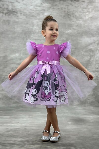 ABİYEKİDS Kuromi Çocuk Elbisesi Doğumgünü Elbisesi Lila  ABY4481