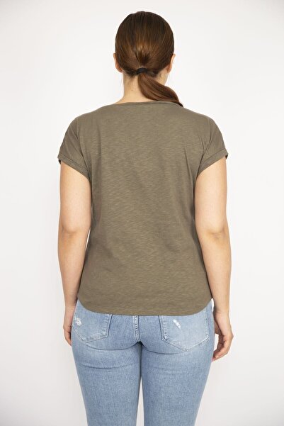 BYŞANS Women's Khaki Cotton Fabric V Neck Short Sleeve Shoulder Lace Detail Blouse 65N36541