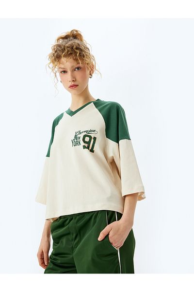 Koton Oversize V-Neck Crop College T-Shirt with Printed Back