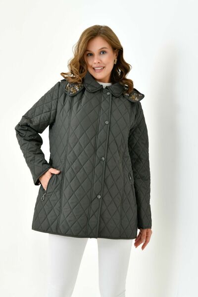 Butik Plus Size Hooded and Patterned Zippered Quilted Coat Jacket
