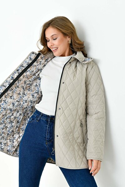 Butik Plus Size Hooded and Patterned Zippered Quilted Coat Jacket