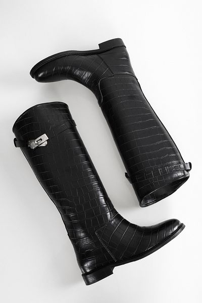 Shoeberry Damen Matia Black Crocodile Rider Lange Stiefel