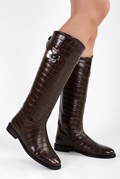 Shoeberry Női Matia Brown Crocodile Rider hosszú csizma