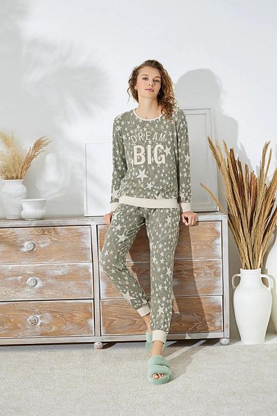 Sevim 15091 Star Pattern Thick Pajamas Set with Elastic Legs