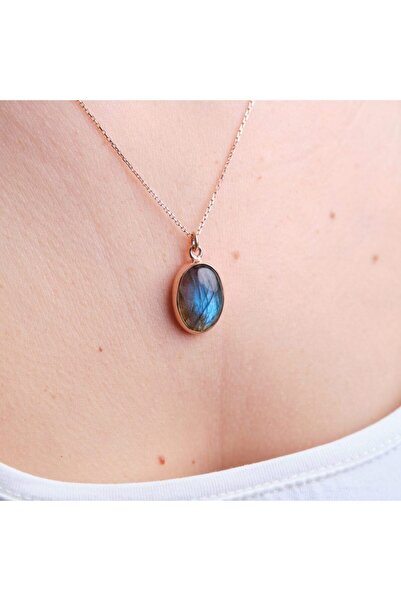 Venüs Doğal Taş Labradorit Büyük Oval Rose Gold Kolye