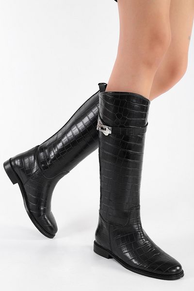 Shoeberry Damen Matia Black Crocodile Rider Lange Stiefel