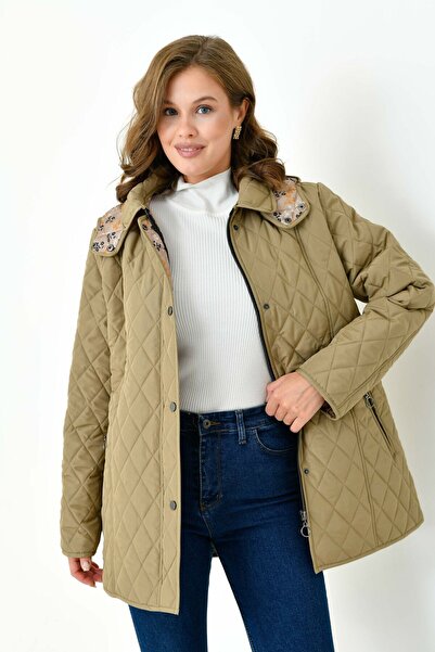 Butik Plus Size Hooded and Patterned Zippered Quilted Coat Jacket