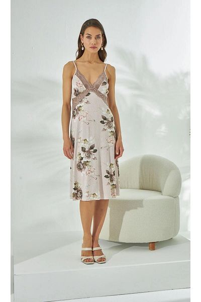 Sevim 15040 Floral Print Lace Detailed Thin Straps Nightgown
