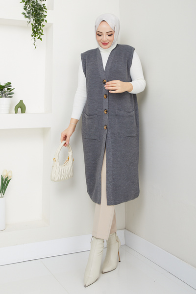 Pamuk Butik Γυναικείο πλεκτό γιλέκο με κουμπιά που κλείνει με τσέπη