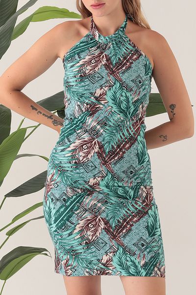 ESPİNA Women's Halter Drawstring Neckline Dress