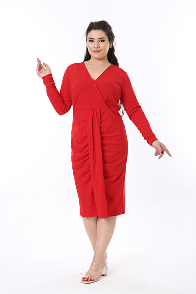 BYŞANS Kadın Kırmızı Anvelop Yakalı Bel Detaylı Uzun Kollu Elbise 65N38602