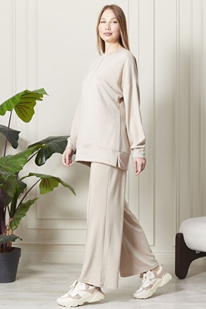 soBasic Culoare bej - MODAL Lungime înaltă, decolteu, talie elastică, detaliu nervurat, set de trening cu picioare largi-S