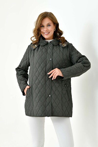 Butik Plus Size Hooded and Patterned Zippered Quilted Coat Jacket