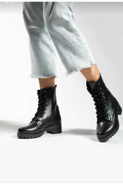Ayakkabı Ülkesi Postal Siyah Cilt  Bağcıklı Fermuarlı Kadın Bot