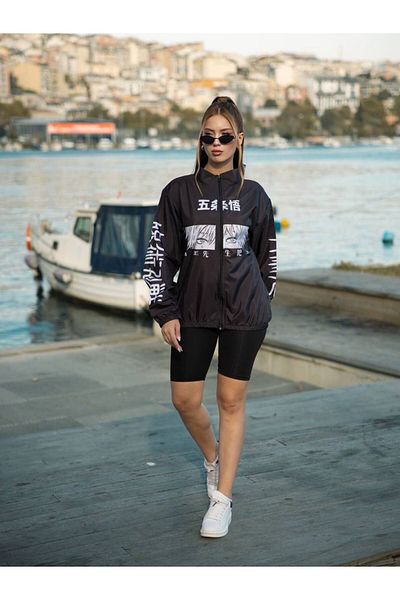 ModaTEKS Unisex Parachute Fabric Oversize εμπριμέ μαύρο αντιανεμικό αδιάβροχο αδιάβροχο ψηφιακής εκτύπωσης