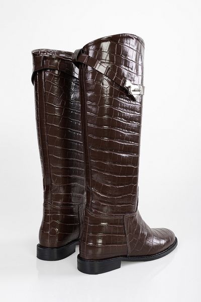 Shoeberry Damen Matia Brown Crocodile Rider Lange Stiefel